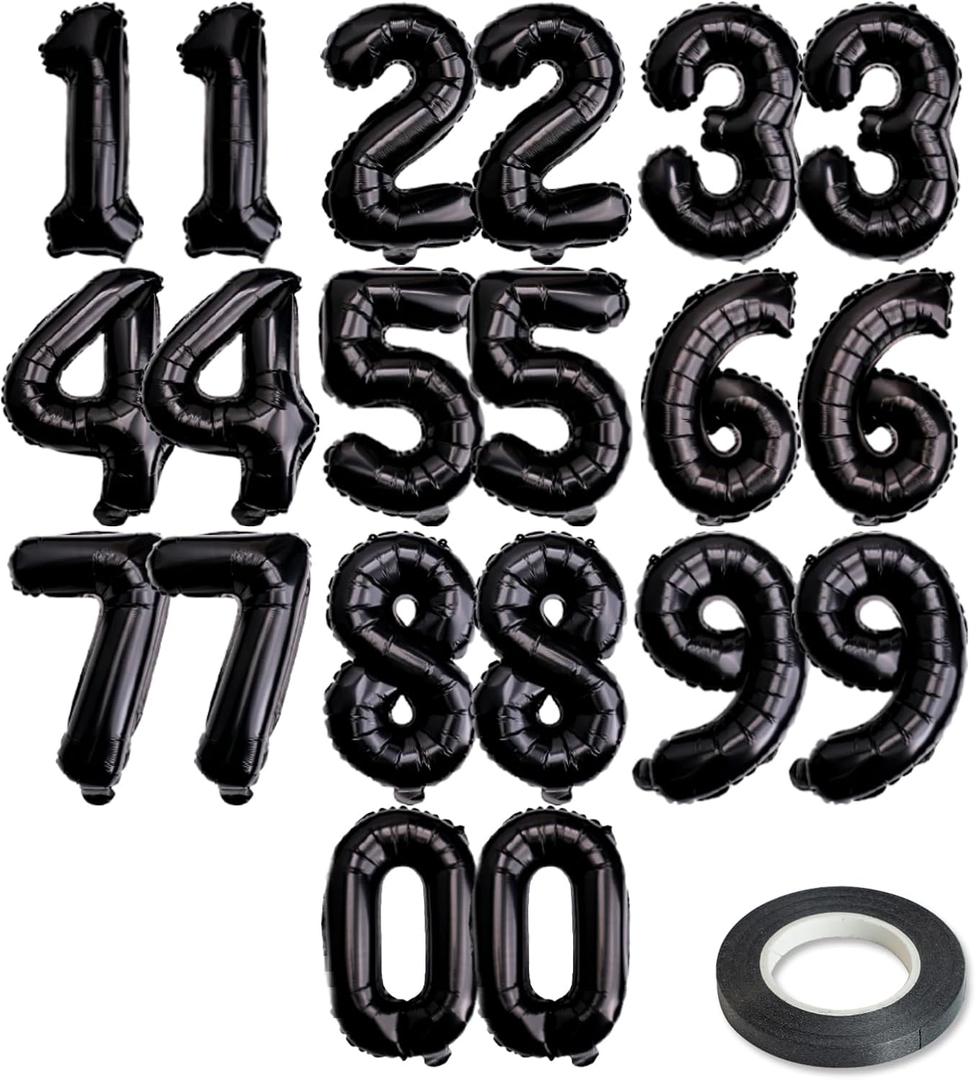 [20 Pcs] 16" Black Foil Number Balloons (2 sets of 0-9) - Mylar Aluminum Hanging Decorations for Graduation, Birthday, Christmas & New Year's Eve Parties