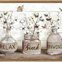 Floating Framed Farmhouse Bathroom Decor Wall Art, Rustic Cotton Pictures Canvas Wall Decor Paintings, Modern Country Relax Soak Unwind Sign Artwork Posters Prints for Bathroom 16x24 Inch