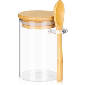 Sugar Container with Bamboo Lid and Spoon,8.5 oz Glass Jar for Coffee Bar Accessories Storage Canister Kithcne Decor Housewarming Gift Refillable Design