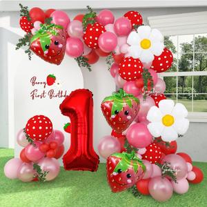 Soonlyn Berry First Birthday Decor 12Ft Strawberry Balloon Arch Kit with Strawberry Balloons Garland Foil First Daisy Dalloons for First Birthday Sweet Baby Shower, Red
