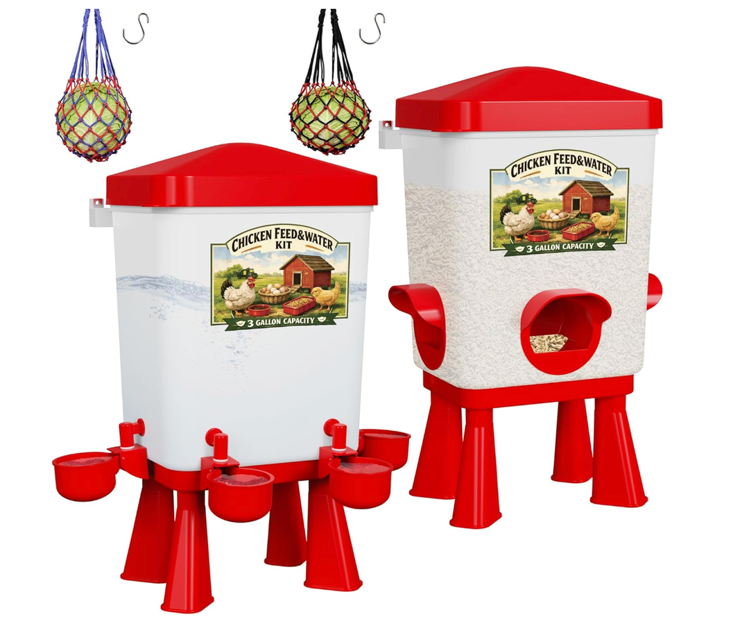 Erinaik Chicken Feeder and Waterer Set, 3 Gallon/16 LB Automatic Poultry Feeding System with Hanging Option, No Waste Feeder Ports & Water Cups, BPA-Free, Ideal for Hens Ducks and Poultry (RED2)