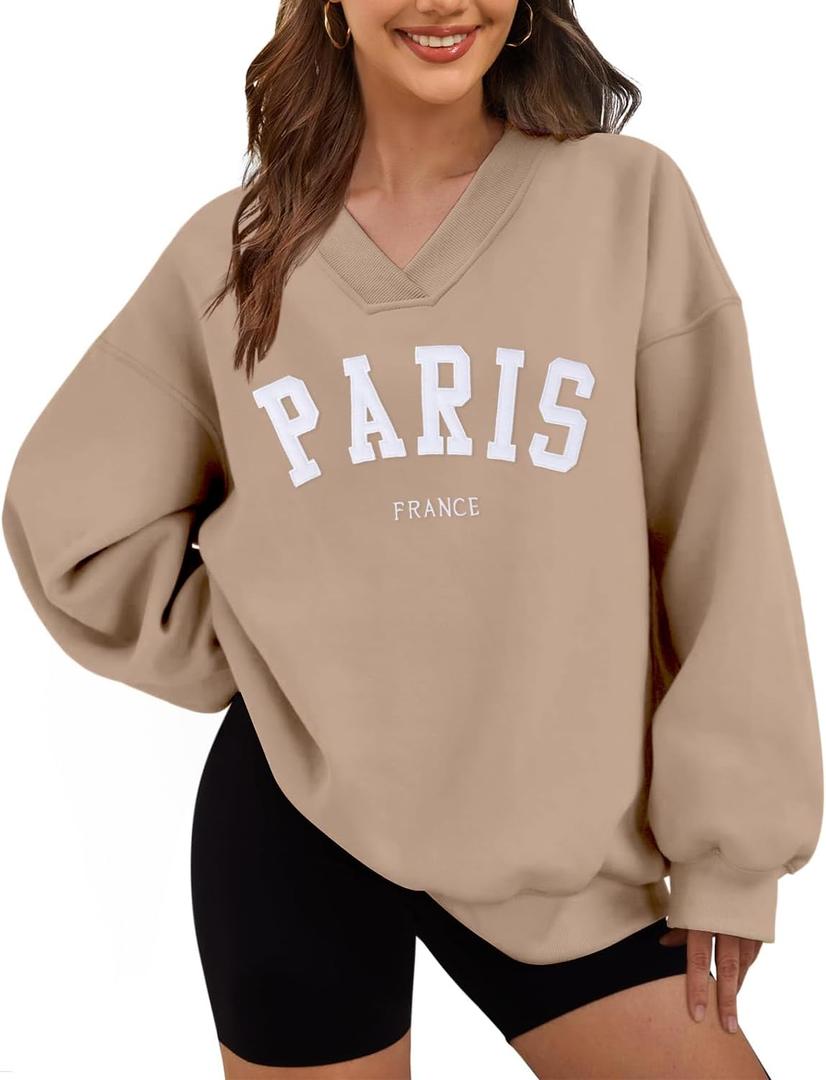 HEYTALALA Womens Oversized Sweatshirts Fleece Sweaters Long Sleeve Crewneck Hoodies Fall Solid Color Drop Shoulder Pullovers (Large, Pr-khaki)