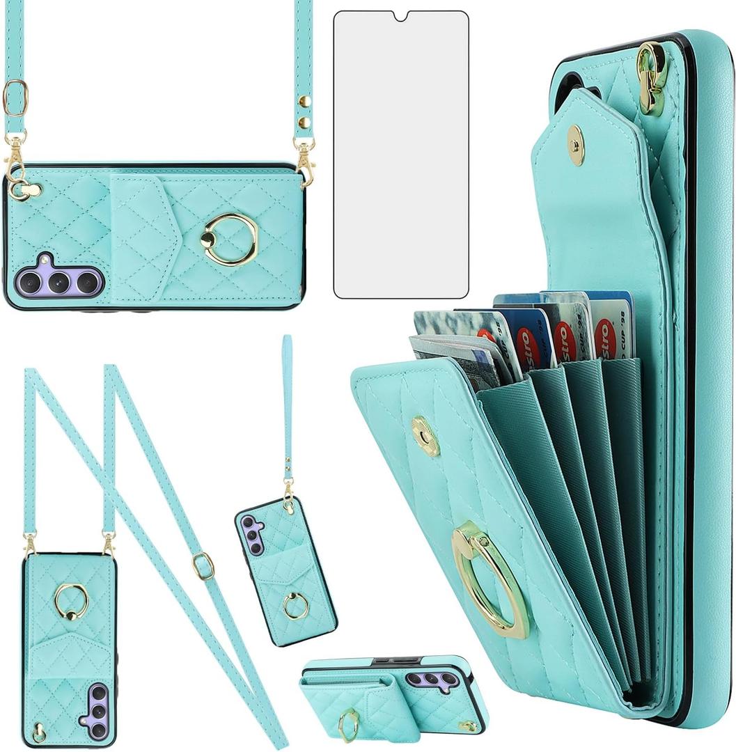 Asuwish Phone Case for Samsung Galaxy A16 5G/4G Wallet Cover with Tempered Glass Screen Protector and Crossbody Wrist Strap Ring RFID Blocking Credit Card Holder Leather Cell A 16 Women Men Girls Teal