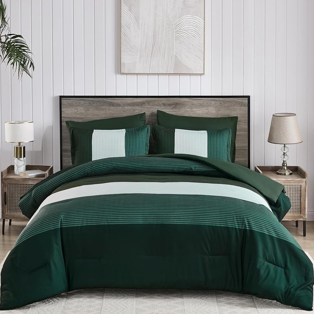 Anibedding 7 Piece Bed in a Bag Stripe Comforter Set Queen Size, Dark Green Soft Microfiber Striped All Season Bedding with Comforter, Pillow Shams, Flat Sheet, Fitted Sheet and Pillowcases