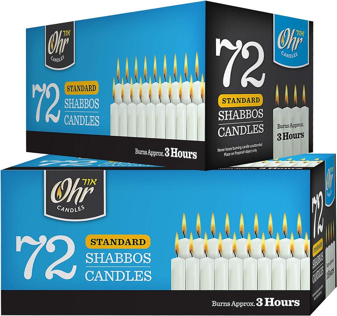 OHR CANDLES Shabbat Candles, Traditional Shabbos Candles, 3 Hour, 72 Count (Pack of 2) (144 Count)