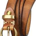 Womens Genuine Leather Belts for Jeans Pants Trendy Vintage Thin Leather Belt Gold Buckle Ladies Skinny Waist Belt (Fit Waist Size 31-36 Inches, Brown)