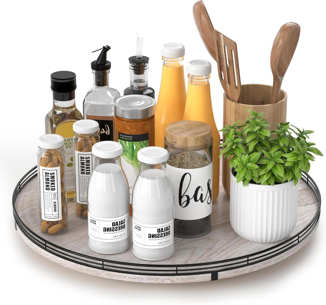 16" Lazy Susan Oak Wood Turntable Organizer for Cabinet, Farmhouse Round Lazy Susan Organization and Storage for Dining Table, Kitchen, Bathroom, Countertop, Cupboard, Kitchen Decor Whitewashed