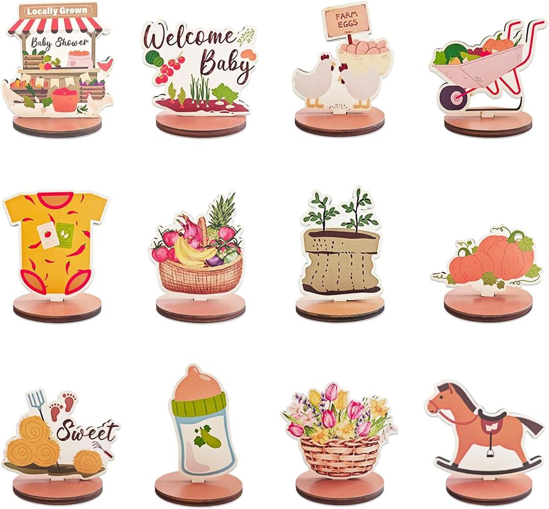 3 x 24PCS Locally Grown Baby Shower Wooden Table Decorations Farmers Market Themed Wood Centerpieces Fall Vegetable Fruit Harvest Table Decor for Gender Reveal Welcome Baby Shower Party Favor