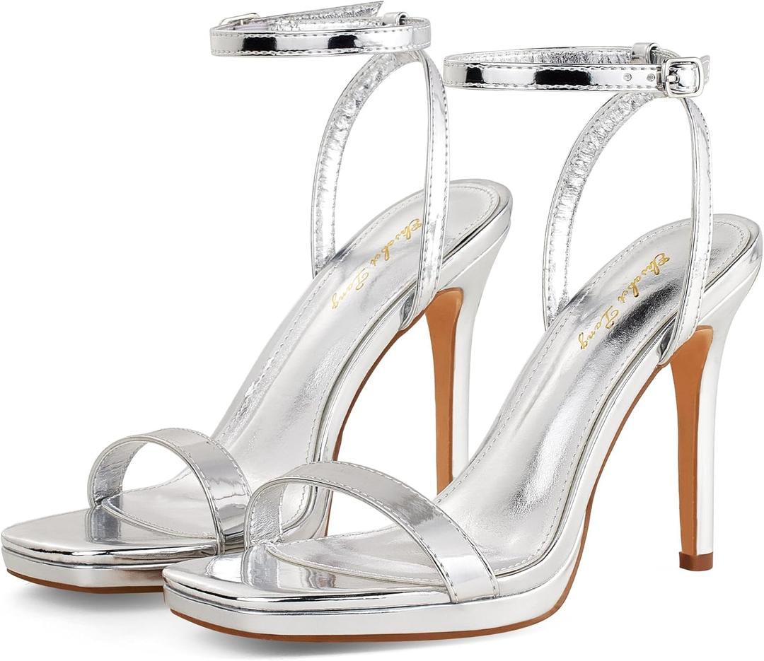 Elisabet Tang Women’s Stilettos Heeled Sandals Open Square Toe Heels,4.3 Inch Open Toe Strappy Sexy High Heels Ankle Strap Buckle Heels for Party Wedding Dress Daily Wear Shoes, Size: 7