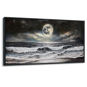 QZQCBLC Black and White Wall Art, Sea Beach Pictures Moon Starry Clouds Ocean Scene Framed Canvas Paintings Artwork for Living room Bathroom Bedroom Home Office Wall Pictures Decor 20x40 IN