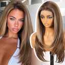 KOME Brown Highlight Synthetic Lace Front Wig, 13X6 HD Long Straight Layered Glueless Wigs for Women Daily Use 26IN TT6/116