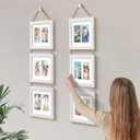 8x10 Hanging Picture Frames with 6 Openings 4x6 Pictures, HD Real Glass 8x10 Wall Hanging Collage frames with Mat, Hemp Rope Multiple Photo Frames for Wall Decor (White, 1 Pack)