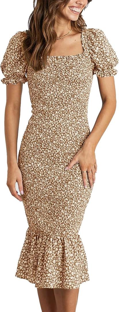 PRETTYGARDEN Summer Floral Bodycon Midi Dresses 2026 Puff Sleeve Mermaid Cocktail Baby Shower Photoshoot Maternity Dress (Medium, Khaki)