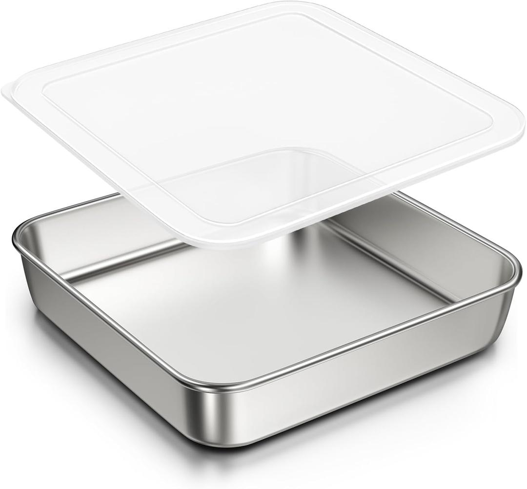 8 x 8-Inch Baking Pan with lid, 304 Stainless Steel Square Cake Pan, Commercial Grade Bakeware for Cakes Brownies Casseroles, Thicker Rectangle Sheet Cake Pans, Non-toxic & Heavy Duty &Dishwasher Safe