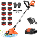 Cordles Weed Wacker, 21V Electric Weed Eater Battery Powered, No String Trimmer with Wheels & Metal Blades, Lightweight Grass Trimmer/Lawn Edger/Brush Cutter, Stringless Weed Trimmer for Yard Garden
