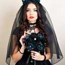 Set of 6 Bridesmaid Bouquets for Wedding - 7 inch Artificial Flower Bouquet Silk Rose with Pearls Gothic Small Floral Bouquets for Bridal Shower Marriage Proposal Halloween Party Ceremony Anniversary (Black & Blue)