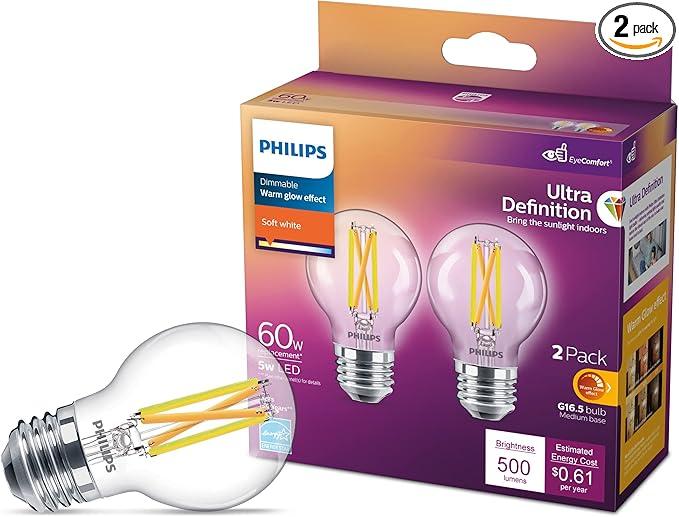 Set Of 2: PHILIPS LED 60W G16.5 2-Pack Ultra Definition Soft White (2700K) 500 Lumen (5W = 60W) Dimmable Clear Flicker-Free Light Bulbs; Philips Red A19 Medium 4W Indoor/Outdoor LED Decorative Party Light Red