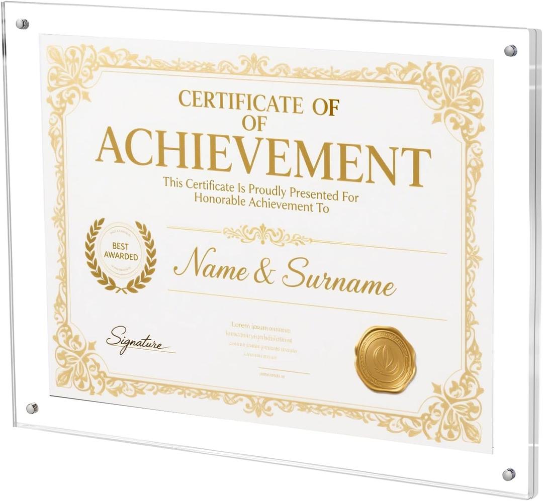 Acrylic Wall Mount Picture Frame Self-adhesive 8.5X11, Clear No Drilling Magnetic Floating Frameless Photo Frames for Display Diploma Degree Certificate and Files