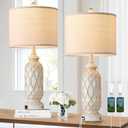 28" Table Lamps for Living Room Set of 2, Farmhouse Lamps for Bedroom with USB Ports, 3-Way Dimmable Nightstand Table Lamp (Bulbs Included) (Touch Control-Beige2)