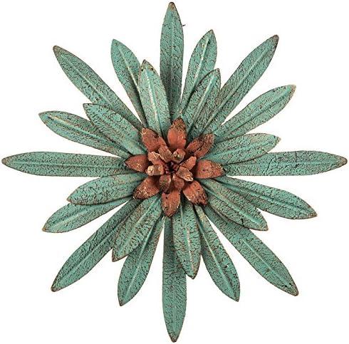 Everydecor Distressed Turquoise with Red Center 3D Metal Flower Wall Art Decor - Hand Painted Teal Rusty Floral Sculpture Hanging Decoration for Home Kitchen Living Room Bedroom Office Indoor Outdoor