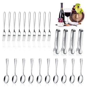 Cunhill 24 Pcs Charcuterie Accessories Mini Cocktail Tongs Small Serving Spoons and Appetizer Forks Stainless Steel Tongs Charcuterie Utensils for Valentine Party Supplies(Vivid Sharp Spoon,Silver)