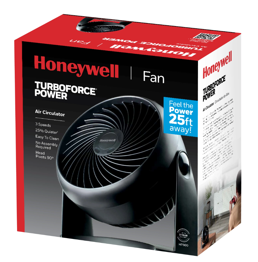 Honeywell HT-904 TurboForce Tabletop Air Circulator Fan, Small, Black – Quiet Personal Fan for Home or Office, 3 Speeds and 90 Degree Pivoting Head