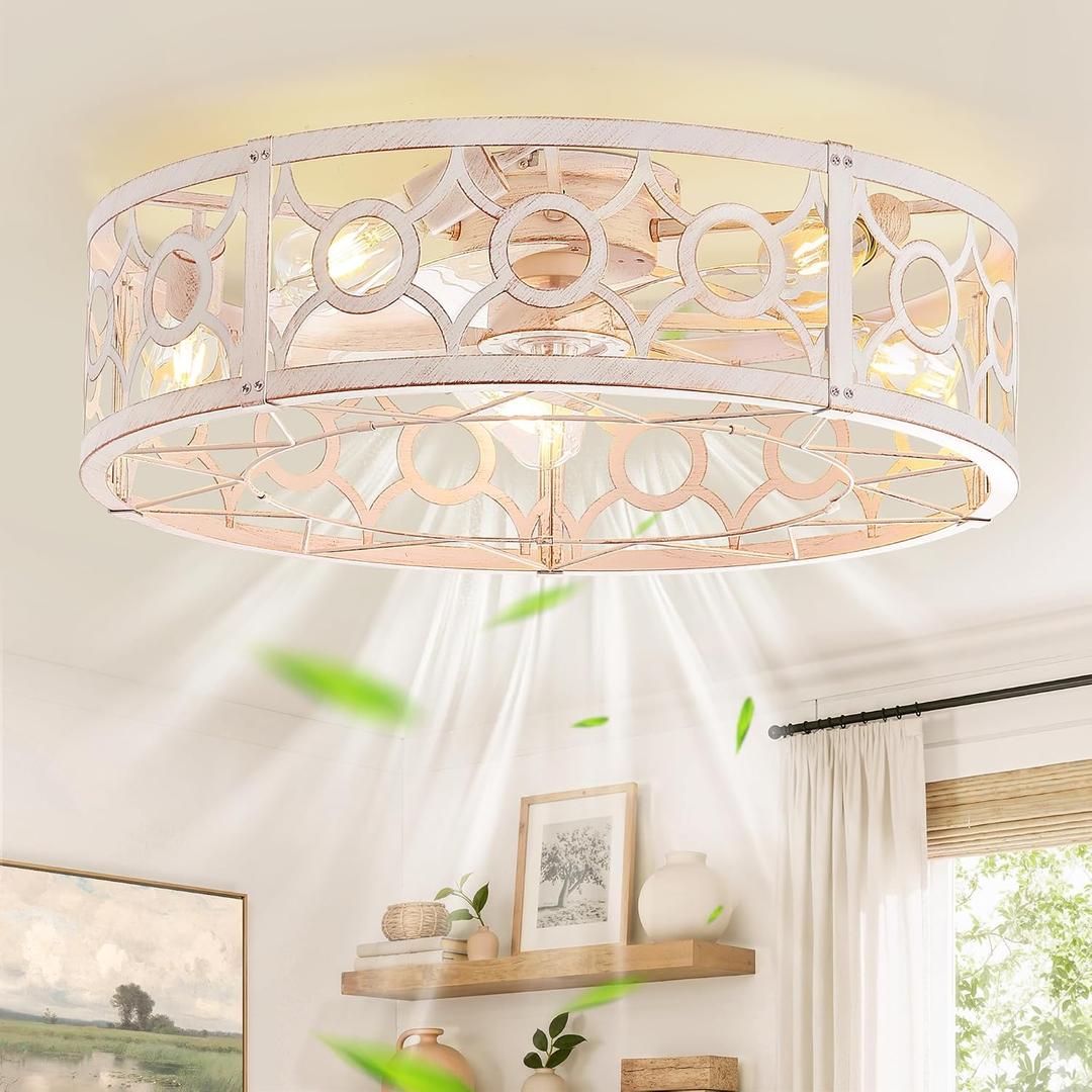 LEDIARY 26in White and Gold Caged Flush Mount Ceiling Fan