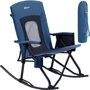 PORTAL Oversized Folding Rocking Camping Chair Portable Outdoor Rocker with High Back Hard Armrests Carry Bag, Supports 400 lbs, Mesh Back (M-blue)