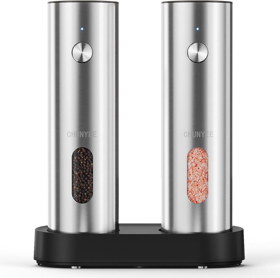 Electric Salt and Pepper Grinder Set with Rechargeable Base - Upgraded Large Capacity, Refillable Pepper Mill Set with LED Light & Adjustable Coarseness, Ideal for Kitchen, Outdoor, BBQ & Gift Giving (Stainless Steel)