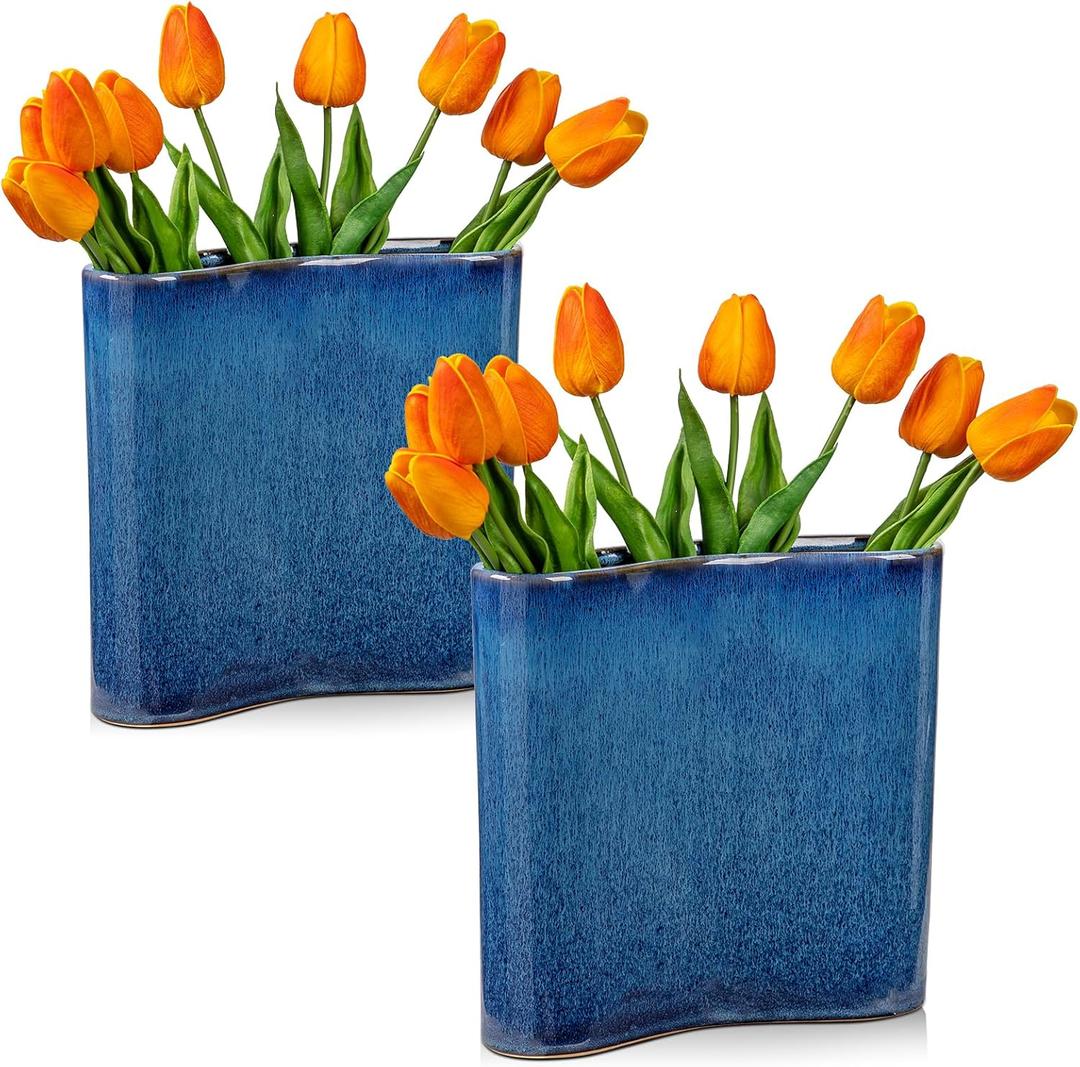 2Pcs Blue Vase Navy Blue Ceramic Flowers Boho Book Vase for Flowers Unique Vases Book Shaped Vases Gifts Home Decor Bedroom Living Room Office Rectangular Wedding Centerpieces Dining Table Decorations