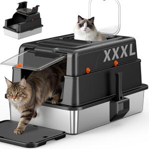 Stainless Steel Cat Litter Box – XXXL Cat Litter Tray with Top Entry, Black
