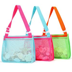 Tagitary Beach Toys Mesh Beach Bag Sand Toy Seashell Collecting Bag Pool Bag Swimming Beach Accessories Gift for Boys and Girls (Only Bags,A Set of 3) (Kids, Light Pink+blue+green)