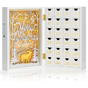 Wooden White Advent Calendar with Drawers, Reusable Advent Calendar with Lights, Empty Boxes to Fill, Decorative Fold Out Wood Calendar for Kids Christmas Decorative 24 Empty Boxes to Fill