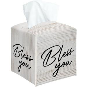 Bless You Tissue Box Cover Square, Decorative Tissue Box Holder for Bedroom Bathroom Kitchen Office Vanity Countertop, Leather Facial Paper Organizer Dispenser -06