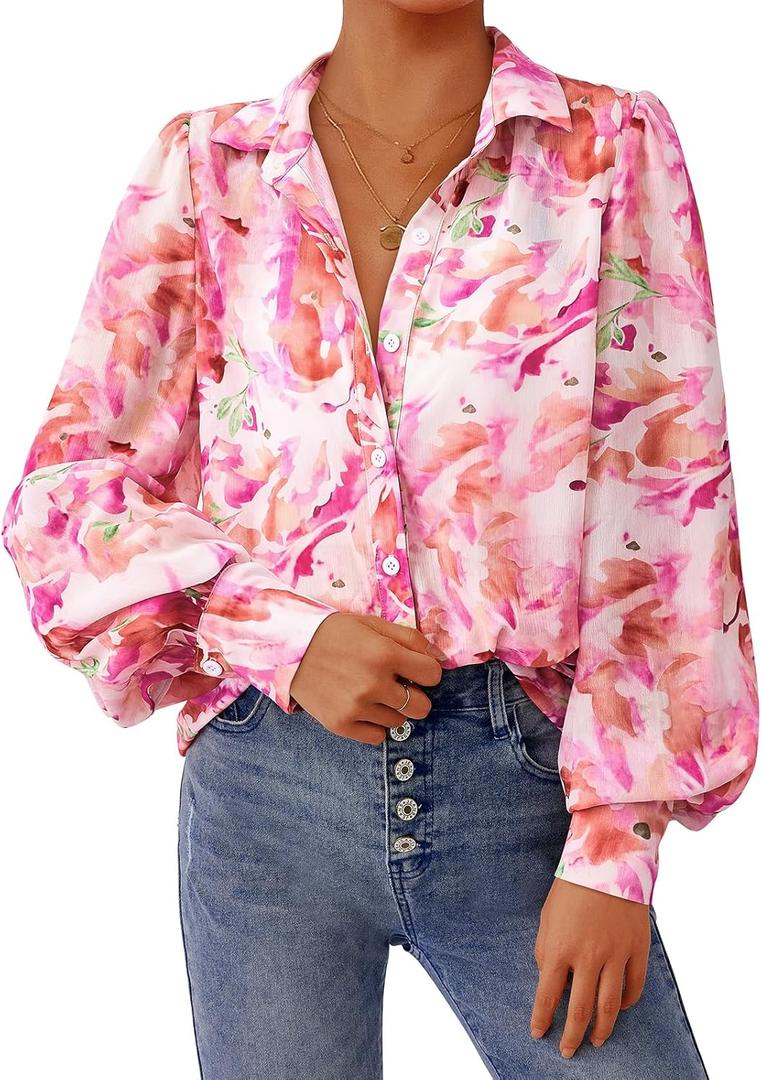 PRETTYGARDEN Women's Floral Blouses Dressy Casual V Neck Button Down Shirts Lantern Long Sleeve Boho Chiffon Fall Tops 2026 (Pink, L)