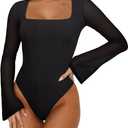 REORIA Women's Sexy Long Sleeve Square Neck Bodysuit Mesh Double Lined Going Out Tops 2025 (Black Onyx, XL)