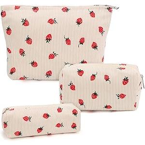 3 Pcs Makeup Bag Cosmetic Bag Set for Girls Women Travel Organizer Bathroom Toiletry Pouch Large Capacity Storage Bag (Strawberry Pink)