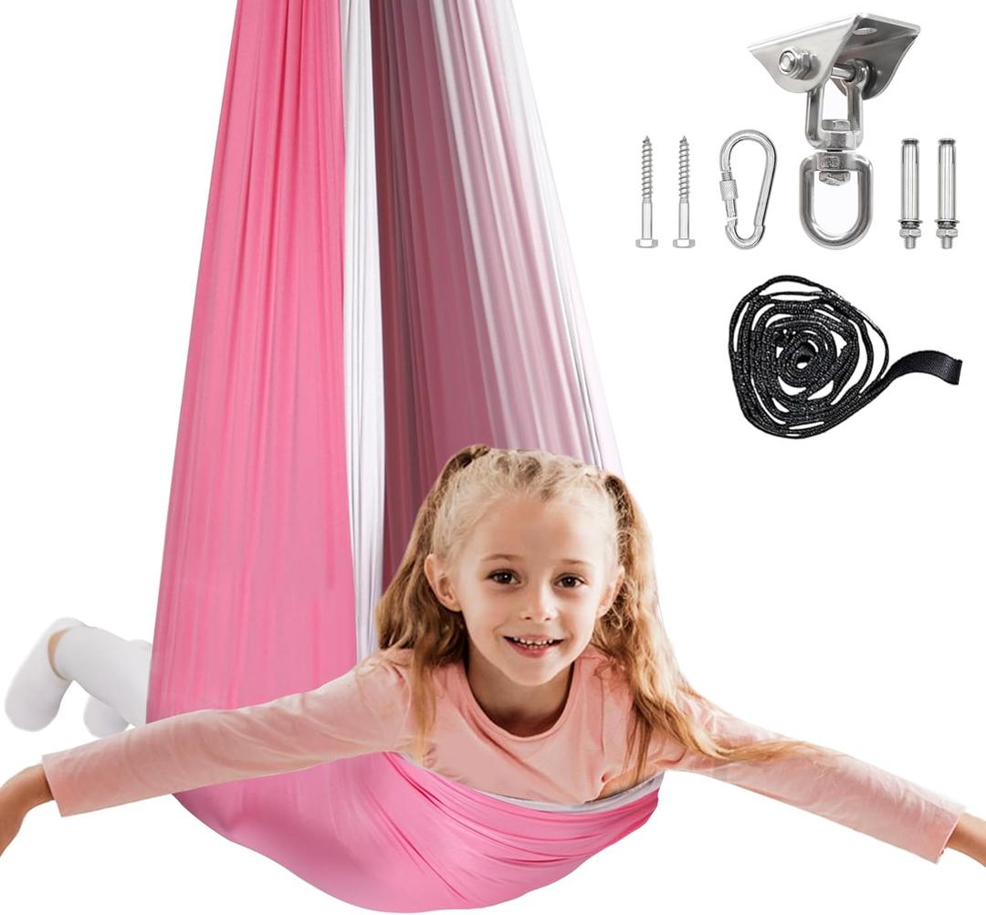 Double Layer Sensory Swing for Kids with 360 Swivel Hanger Kit, Therapy Swing Hammock,Kids Indoor Swing Indoor Hammock, Outdoor, Coral Pink