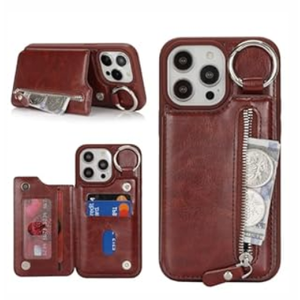 Ｈａｖａｙａ for iPhone 13 pro max case Wallet with Card Holder iPhone 12 pro max Phone case with Keychain Ring Stand Leather Zipper Credit Card Slots Shockproof for Men Women-Deep Brown