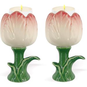 2 Pack Tulip Candle Holder Ceramic Candlestick Decoration for Palo Santo, Taper Candles