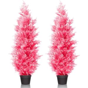 Artificial Cedar Tree 2Pack 4ft Outdoor Artificial Topiary Cedar Plants Fake Tree UV Rated Potted Plants for Porch Decor Faux Pine Tree for Perfect Housewarming GiftPink