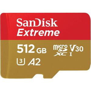 SanDisk 512GB Extreme microSDXC UHS-I Memory Card with Adapter - Up to 190MB/s, C10, U3, V30, 4K, 5K, A2, Micro SD Card - SDSQXAV-512G-GN6MA