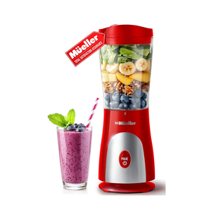 Mueller Smoothie Blender for Smoothies - Personal Blender for Shakes, Frozen Drinks, Baby Food & More, 15oz Travel Cup and Lid, Durable Stainless Steel Blades for Powerful Blending Performance, Red