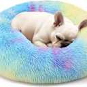 Hoewina Dog & Cat Bed, 20in Cat Beds for Indoor Cats, Calming Donut Bed for Puppy and Kitten, Washable Round Fluffy Pet Bed for Small Medium Dogs and Cats (Rainbow)