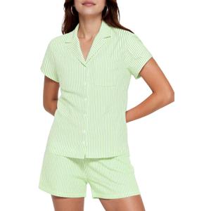 Ammiko Womens Pajamas Set Y2k Loungewear Pajama Button Down Top and Shorts Monkey Beach Short Sleeve Sleepwear Preppy (Small, Green Stripe)