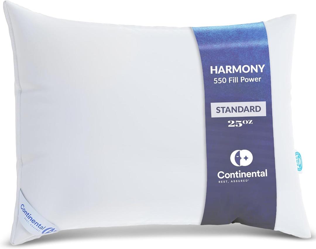 Continental Bedding | Harmony White Down Pillow | 550 Fill Power | 400 Thread Count Cotton Cover | Made in USA | Firm, Standard (Pack of 1)
