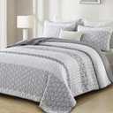 Boho Quilt Set Queen Size Gray Farmhouse Quilt Bedding Set Striped Lightweight Summer Bedspread Coverlet Bedding Set 96"x90" (3 Pieces) (Grey)