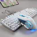 TK950 Wireless Typewriter Keyboard and Mouse Combo, 104 Keys Retro Typewriter Mechanical Keyboard with White Backlit, Anti-Ghosting, Blue Switch, Bluetooth/2.4G/Wired Cute Gaming Keyboards-White