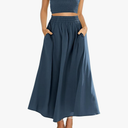 ANRABESS Women's 2 Pieces Outfits One Shoulder Smocked Crop Top & High Waist Long Skirt Dress Set with Pockets,M