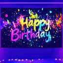 Graffiti neon happy birthday banner71x43 Inch Fluorescent Neon Decorations Glow Party Glow in The Dark Photography Backdrops Birthday Supplies Neon Backdrop UV Reactive Blacklight